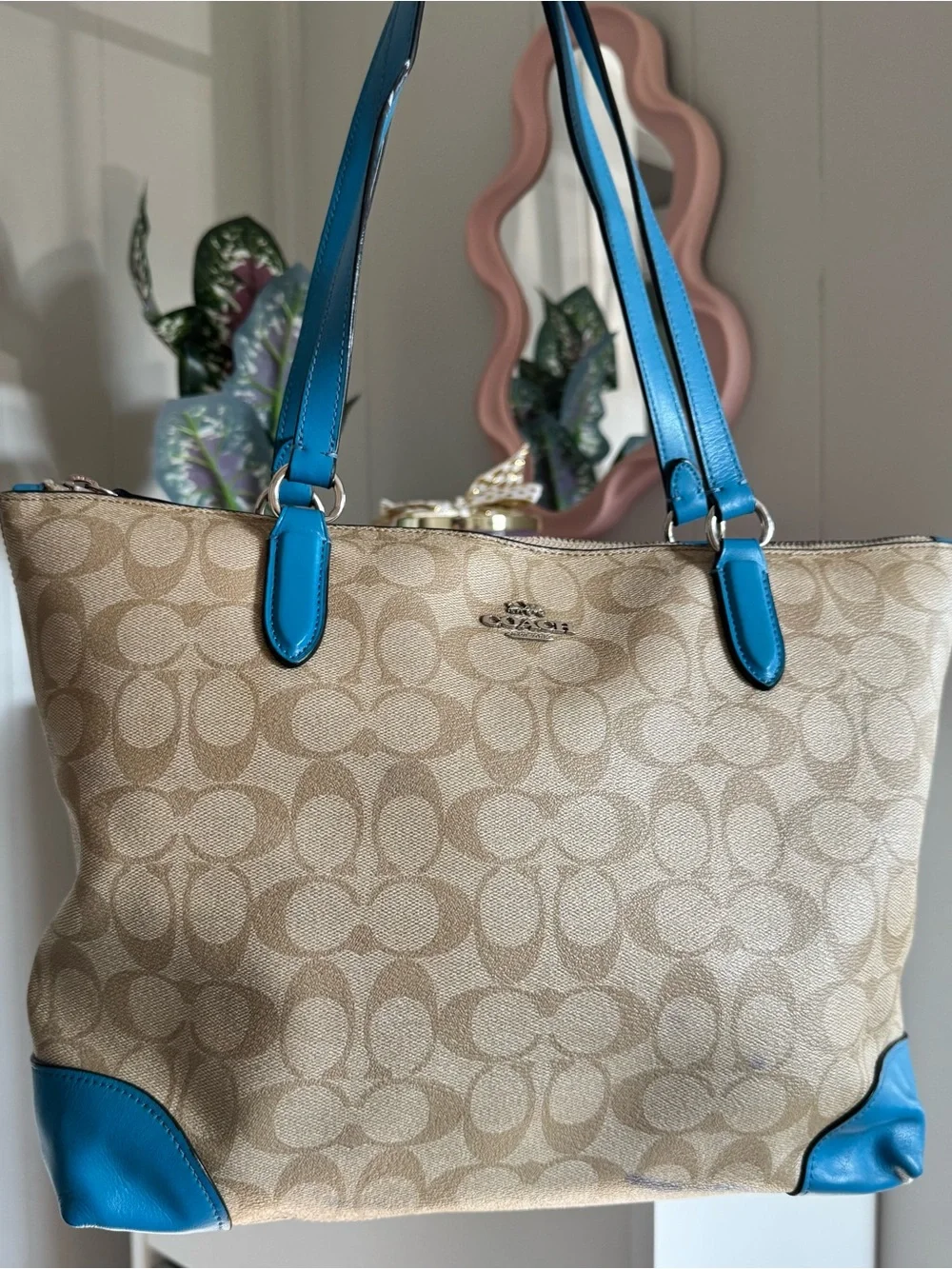 Coach Beige Signature Tote with Bright Blue Leather Trim and Matching Wallet